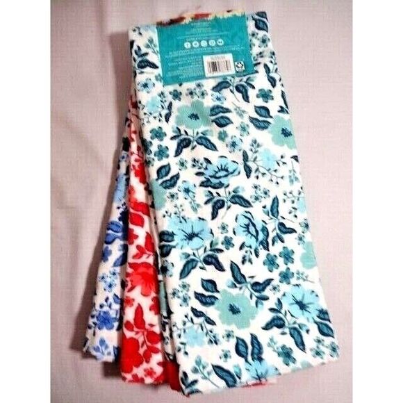 Pioneer Woman Evie Kitchen Towels 3-Pc Blue Red Teal Cotton 20 x 30-in Gift NEW - Picture 2 of 5
